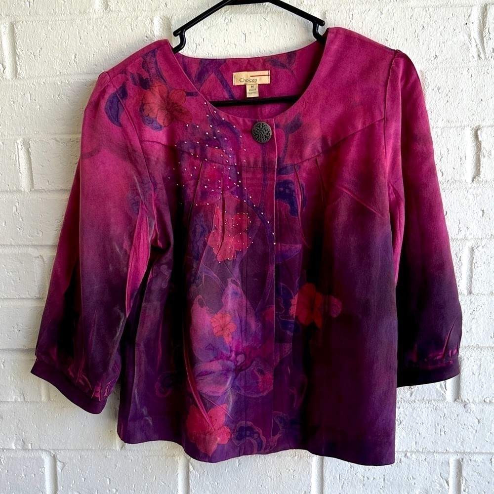 Choices Women’s Magenta Floral Crop Jacket with Beaded embellishment Size M Vtg